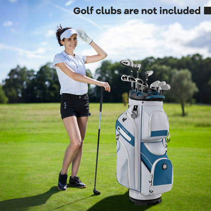The golf bag standing on a green next to a woman holding a club