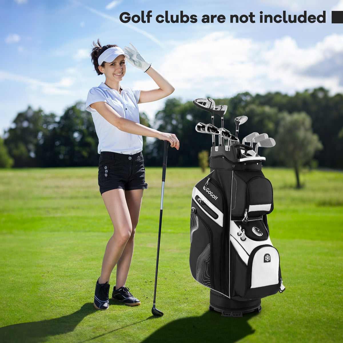 the golf bag standing on a green next to a woman holding a club