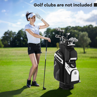 the golf bag standing on a green next to a woman holding a club