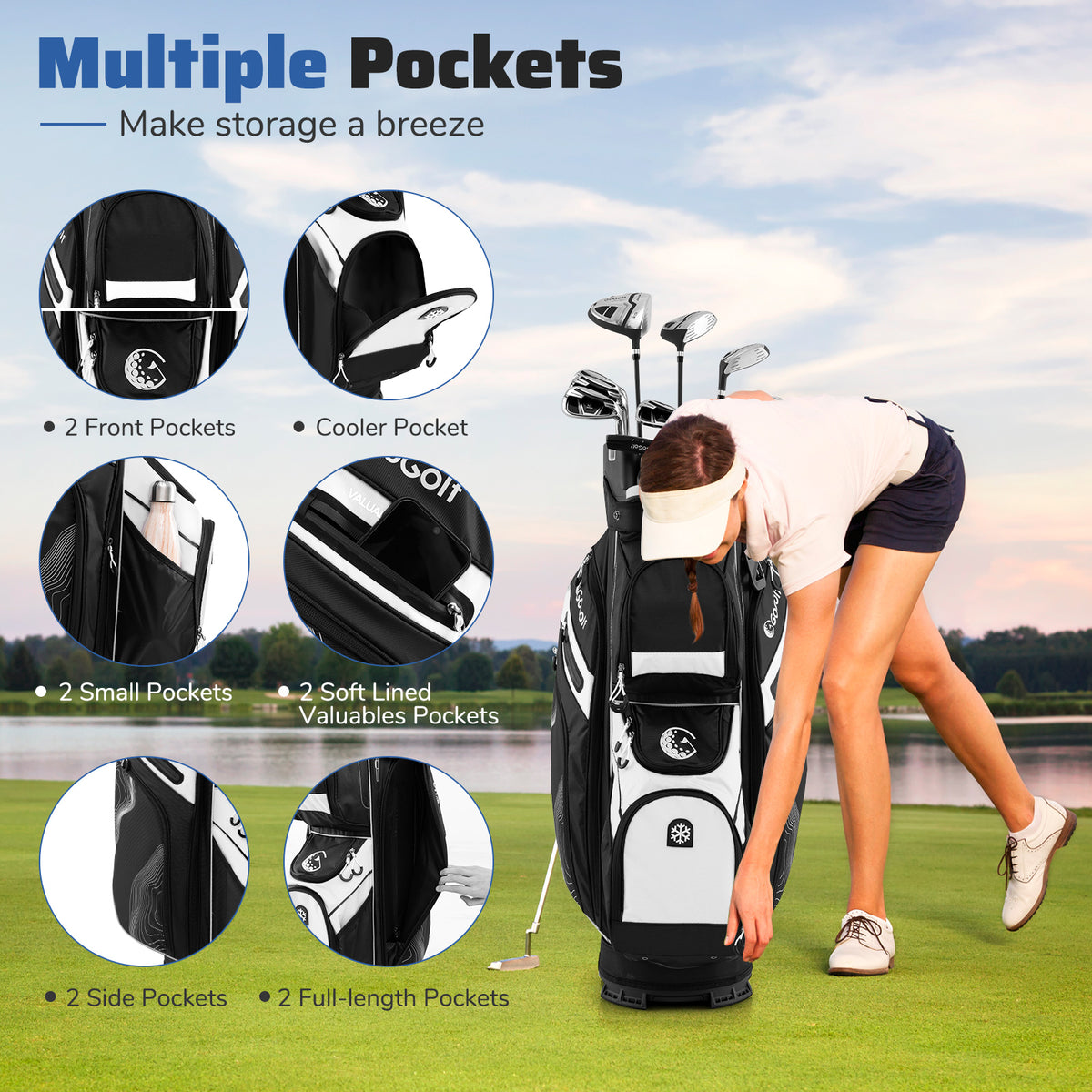 the golf bag with circular insets showing the different storage pockets