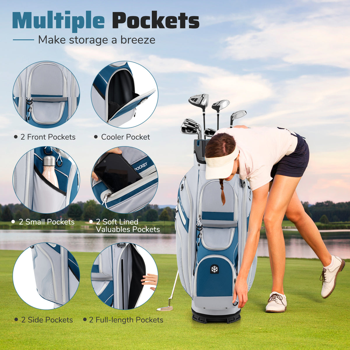 The golf bag showing various storage pockets and a woman using one