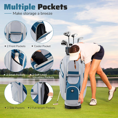 The golf bag showing various storage pockets and a woman using one