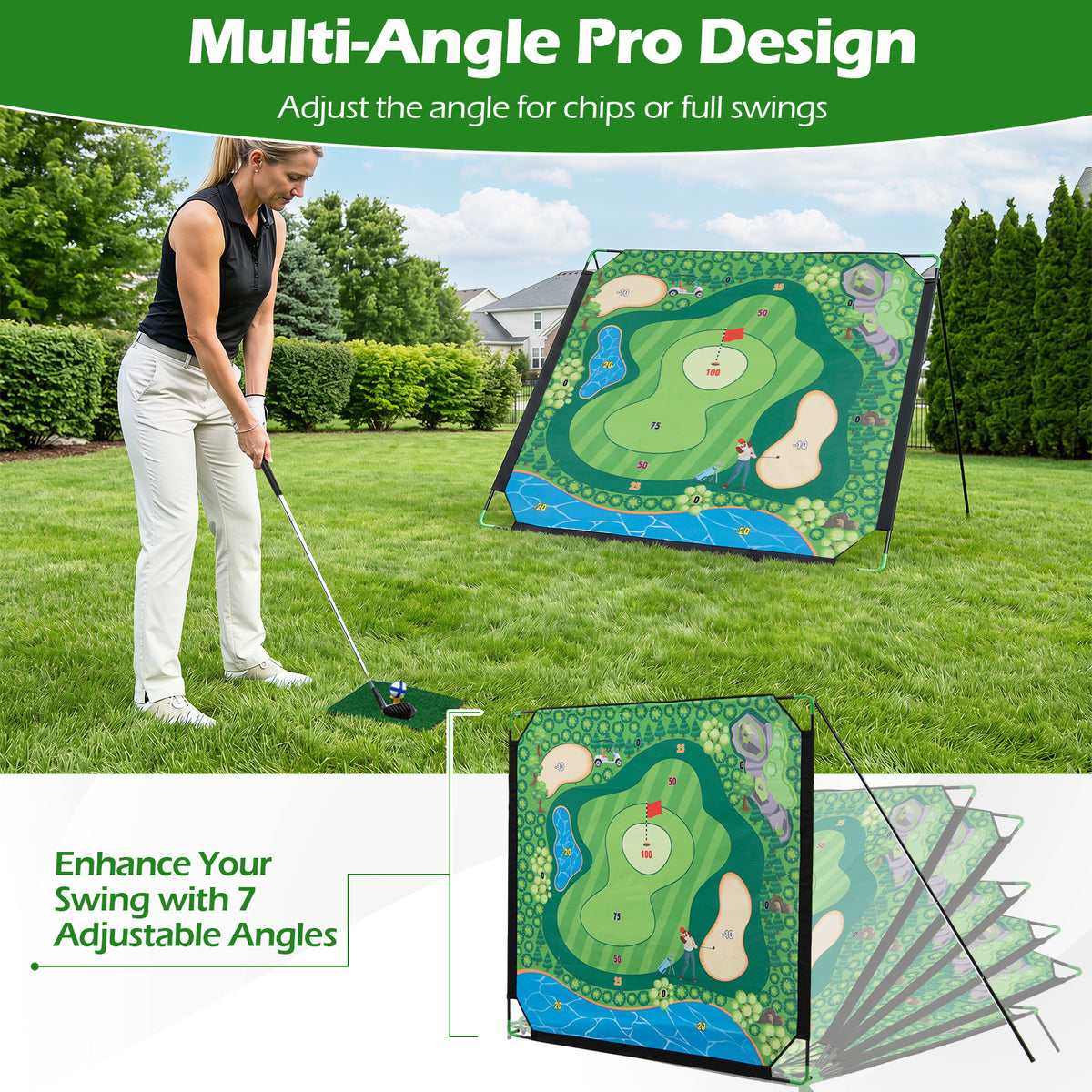 The golf practice target showing how the frame angle can be adjusted for different swings