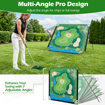 The golf practice target showing how the frame angle can be adjusted for different swings