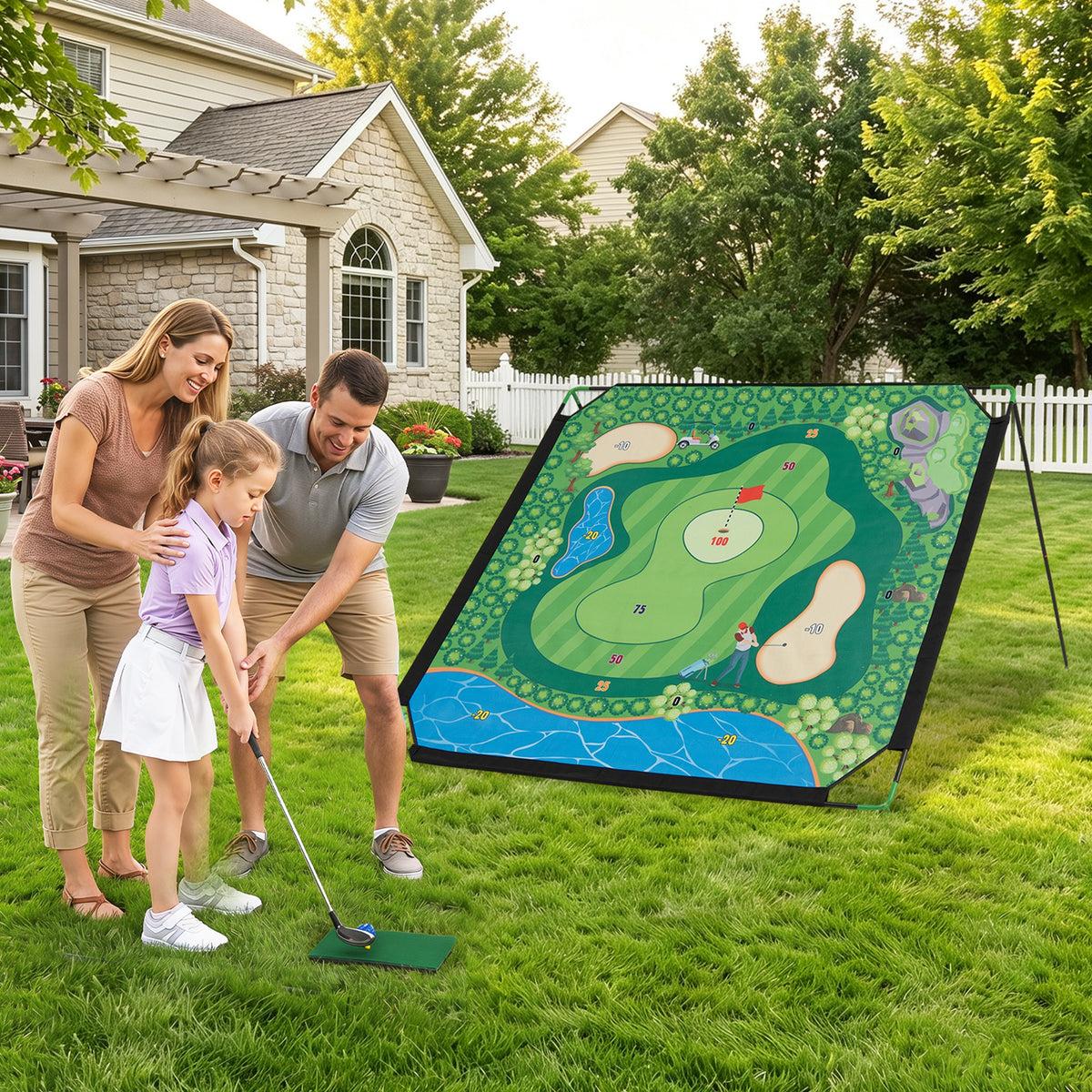 A young girl and her parents playing with the golf practice target in a garden