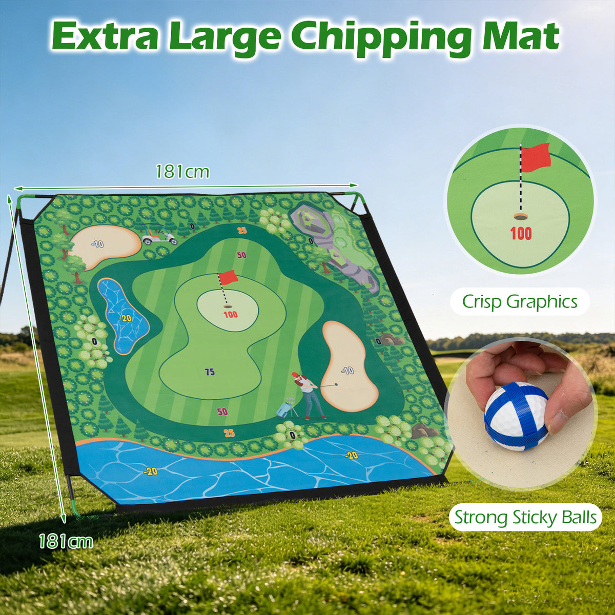 The golf practice target with close-up details of the graphics and the sticky balls