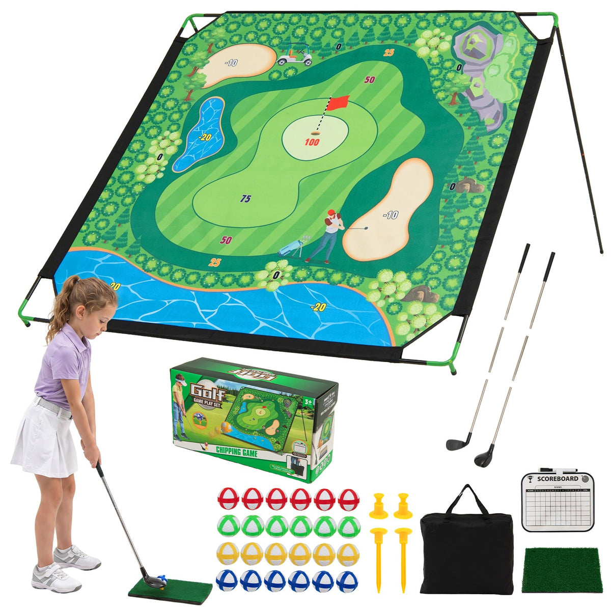 Golf Chipping Game Set including the target mat, clubs, balls, hitting mat and storage bag