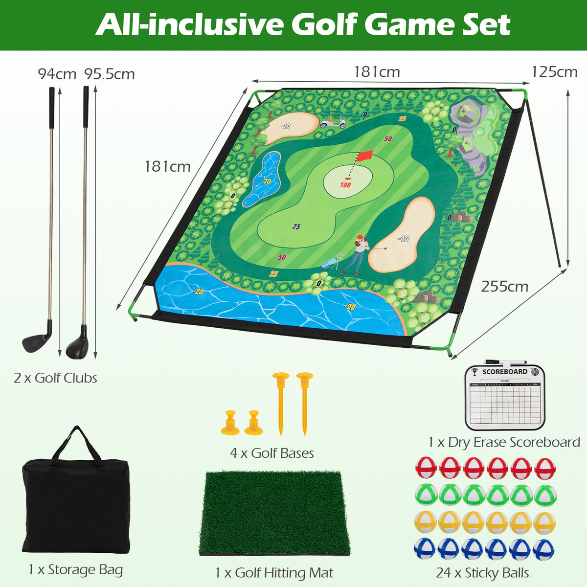 The golf practice equipment shown with labels for all included components and dimensions