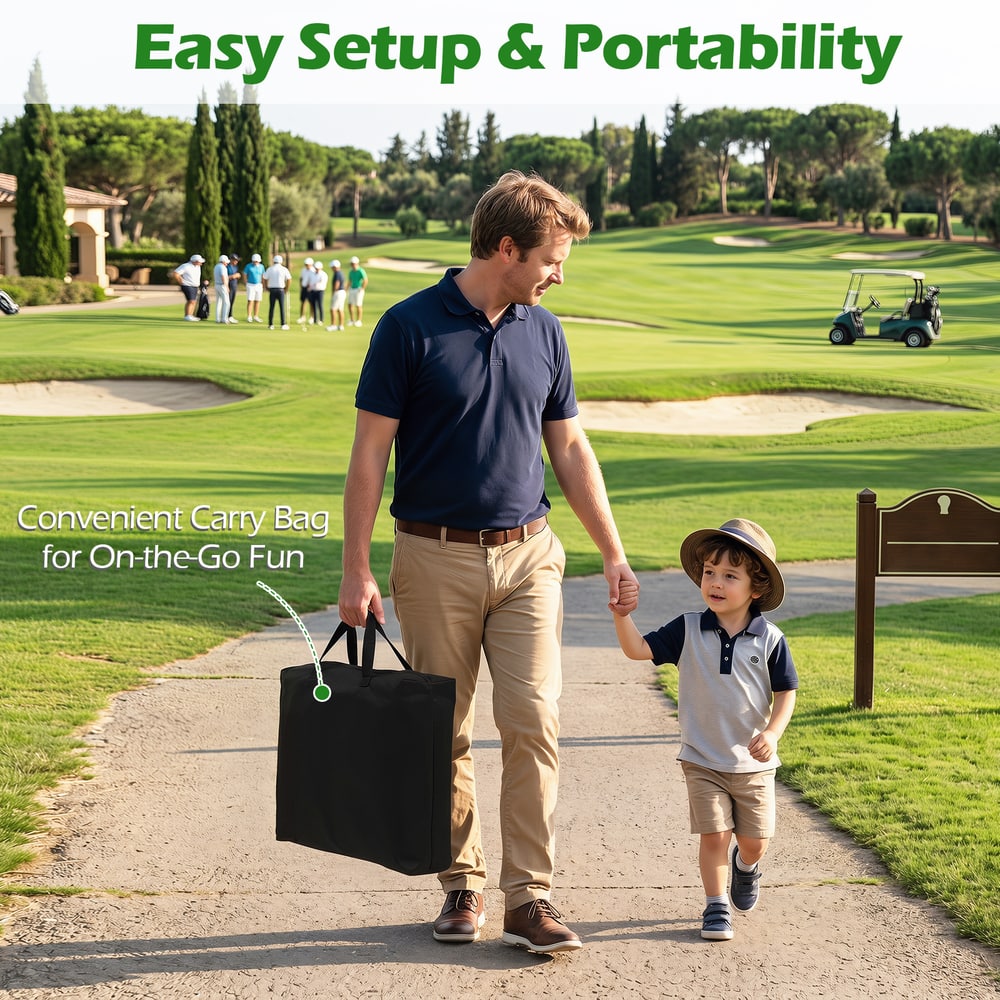 A man carrying the golf chipping game set in its storage bag on a golf course