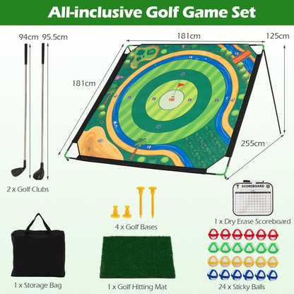 The golf chipping game set includes two clubs, storage bag, mat, sticky balls and scoreboard
