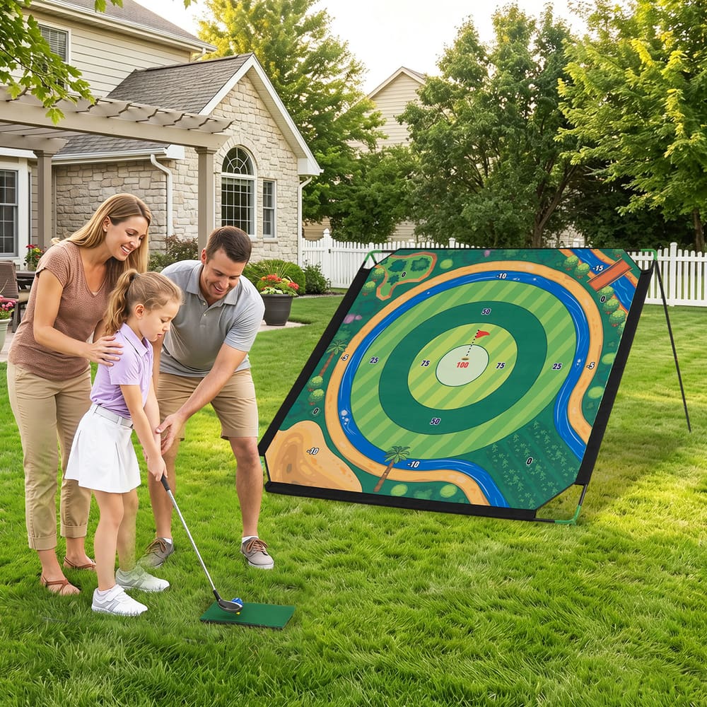 A family playing the golf chipping game set on a sunny lawn outdoors