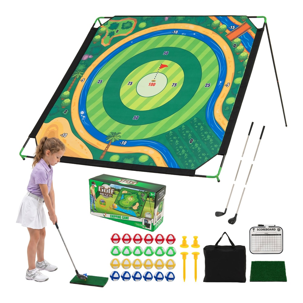 Golf Chipping Game Set large mat with two adjustable clubs and a young girl practicing
