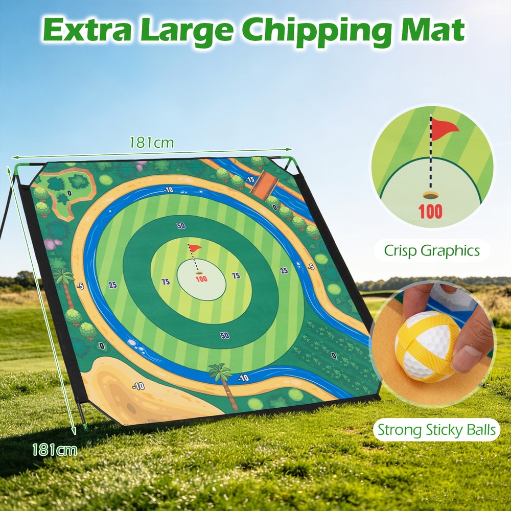 Close up of the large golf chipping mat showing crisp graphics and sticky balls
