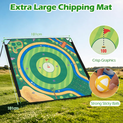 Close up of the large golf chipping mat showing crisp graphics and sticky balls