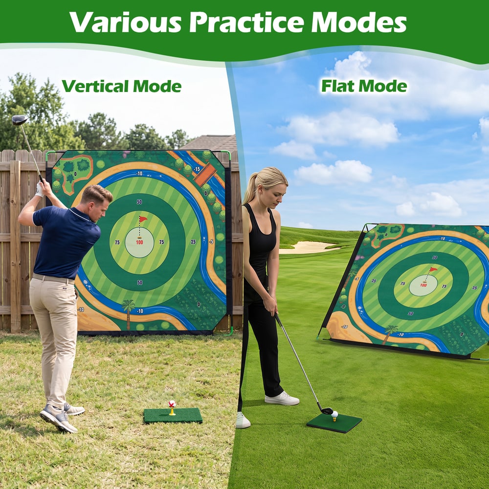 Two people using the golf chipping game set in vertical and flat modes on grass