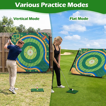 Two people using the golf chipping game set in vertical and flat modes on grass