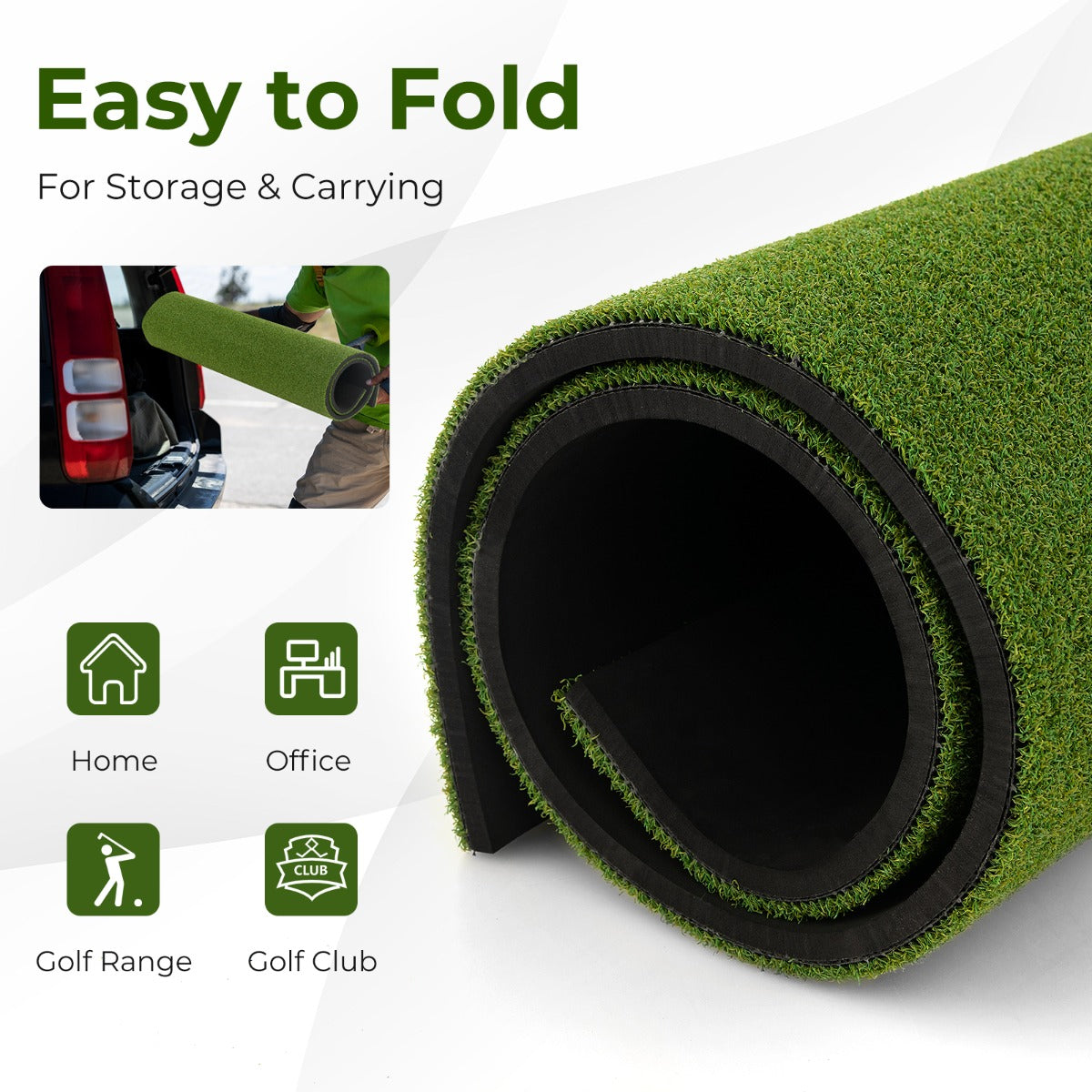 Golf hitting mat being folded for storage and carrying