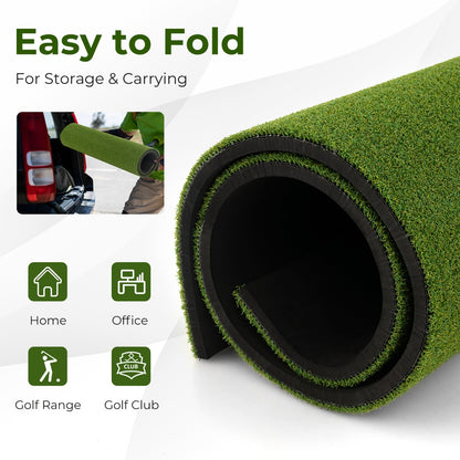 Golf hitting mat being folded for storage and carrying