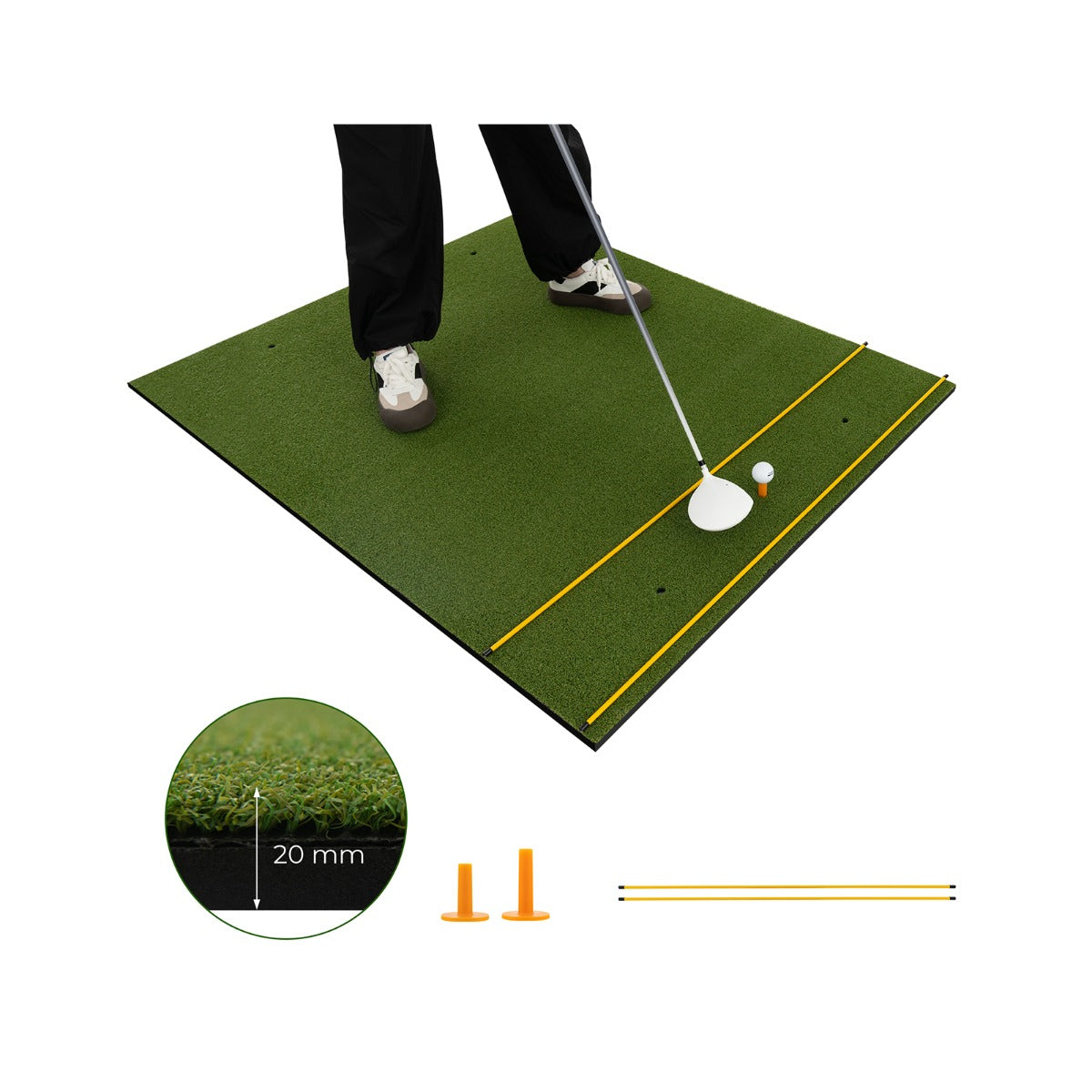 Golf Hitting Mat Includes 2 Rubber Tees and 2 Alignment Sticks-L with a person practicing golf swings