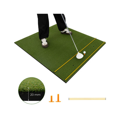 Golf Hitting Mat Includes 2 Rubber Tees and 2 Alignment Sticks-L with a person practicing golf swings