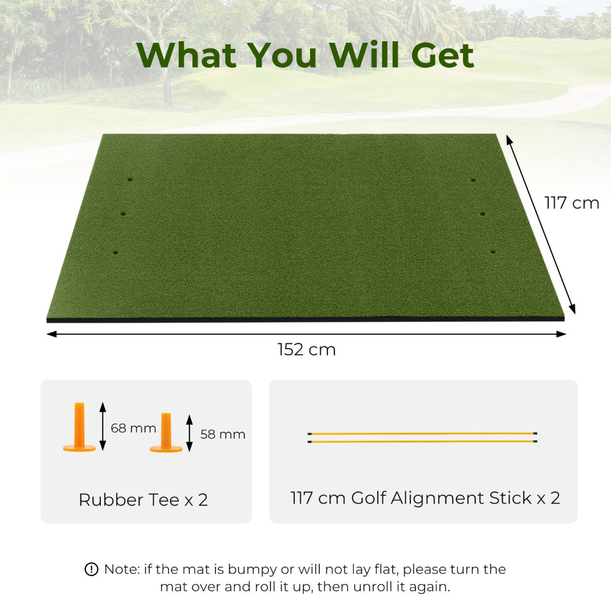 Diagram showing the dimensions of the golf hitting mat and included accessories