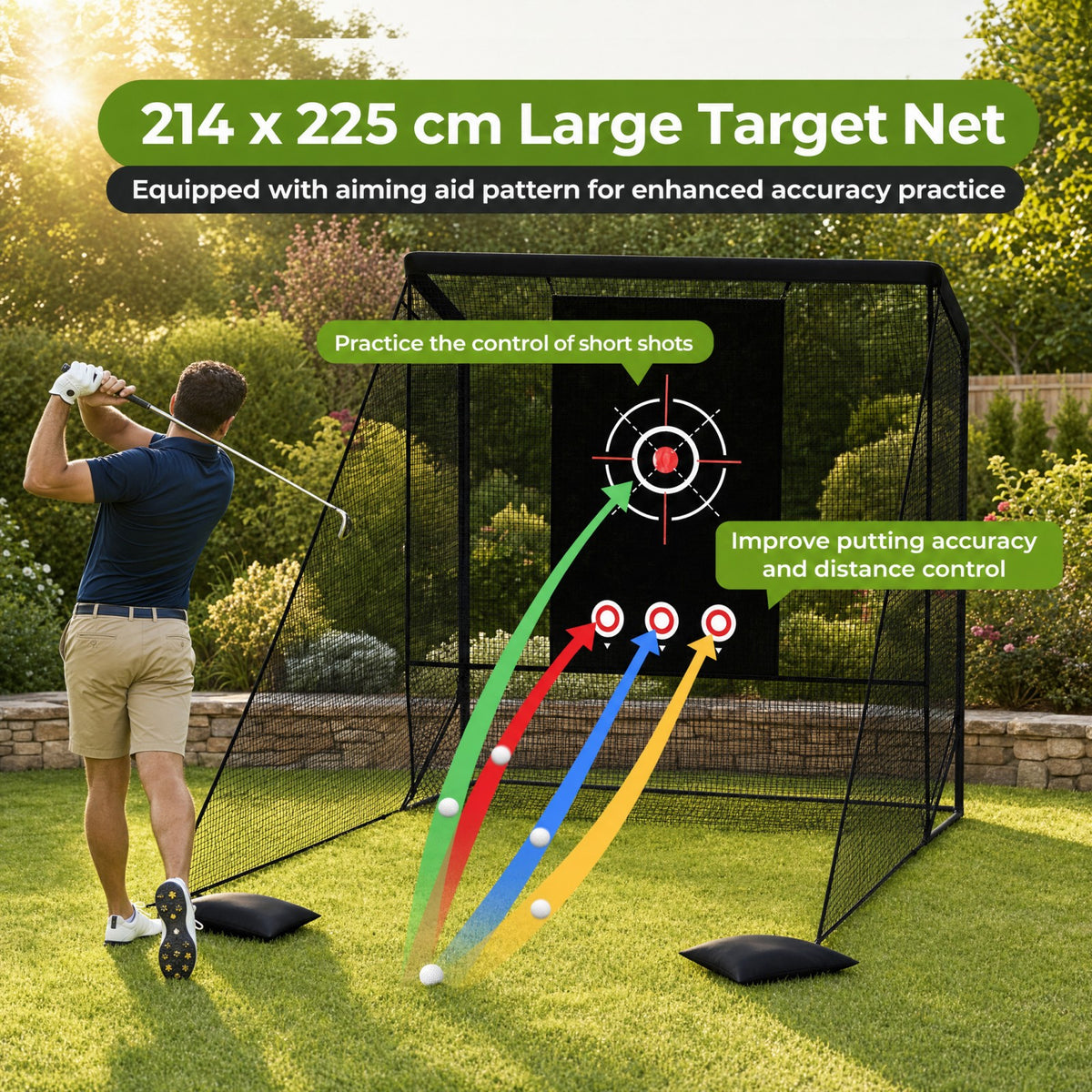 The golf practice net with side barriers and sand bags, illustrating aiming aid and control features