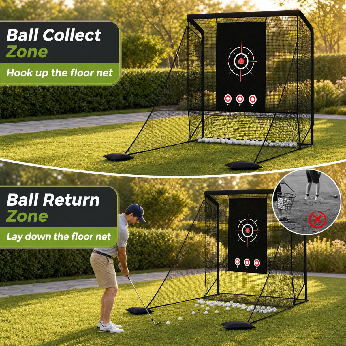 The golf practice net with side barriers and sand bags showing ball collect and return zones