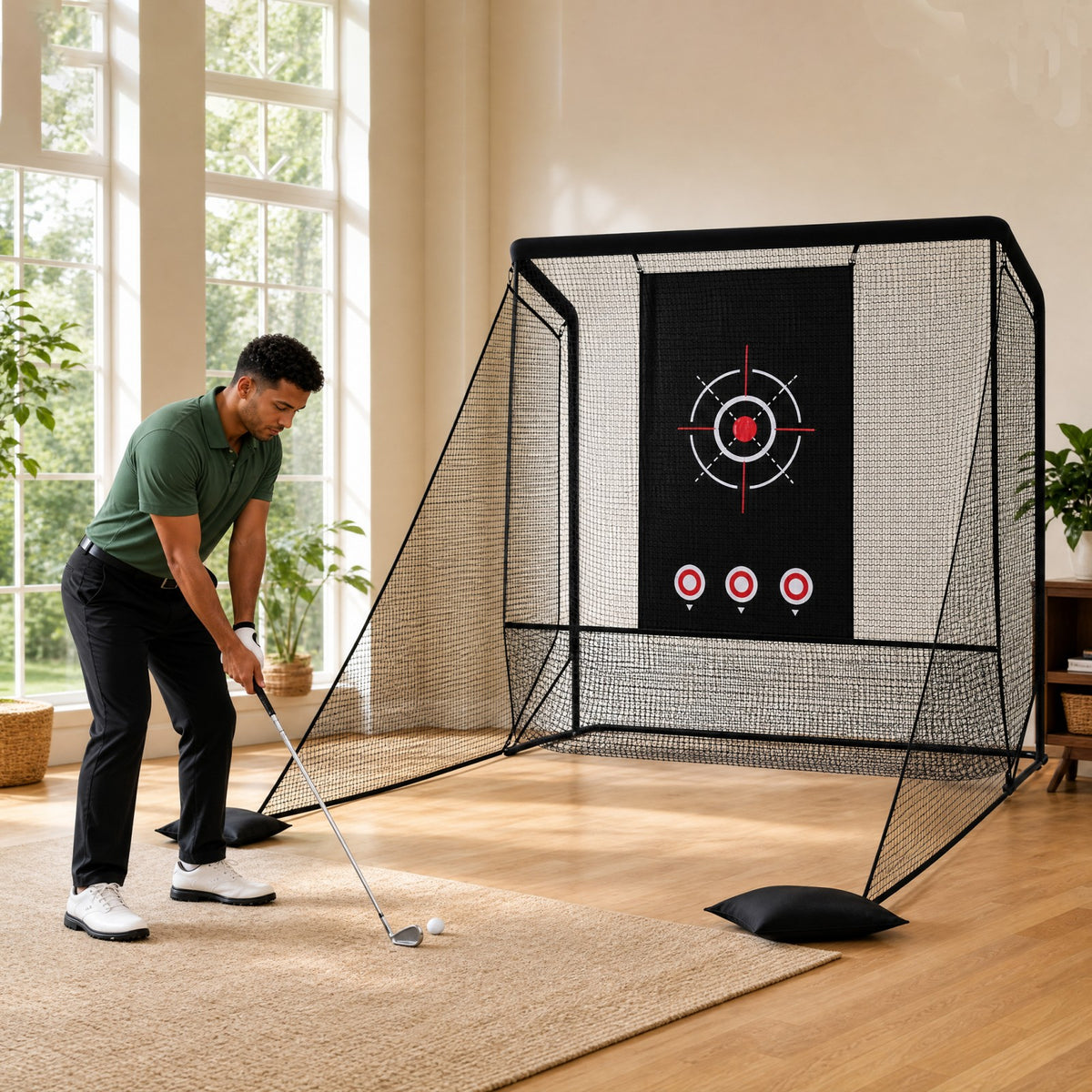 The golf practice net with side barriers and sand bags shown indoors on a carpeted floor with a man practising