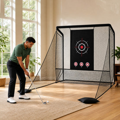 The golf practice net with side barriers and sand bags shown indoors on a carpeted floor with a man practising