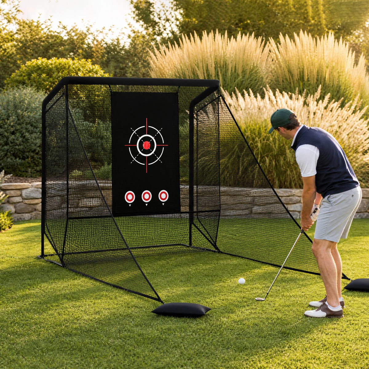 The golf practice net with side barriers and sand bags positioned on a grassy area with a man practising