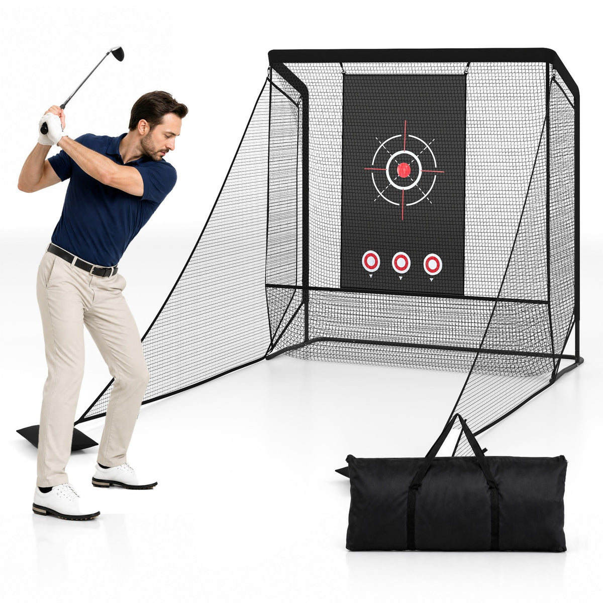 Golf Practice Net with dual side barriers and sand bags for backyard, shown with a man about to hit a golf ball