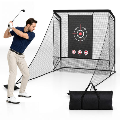 Golf Practice Net with dual side barriers and sand bags for backyard, shown with a man about to hit a golf ball