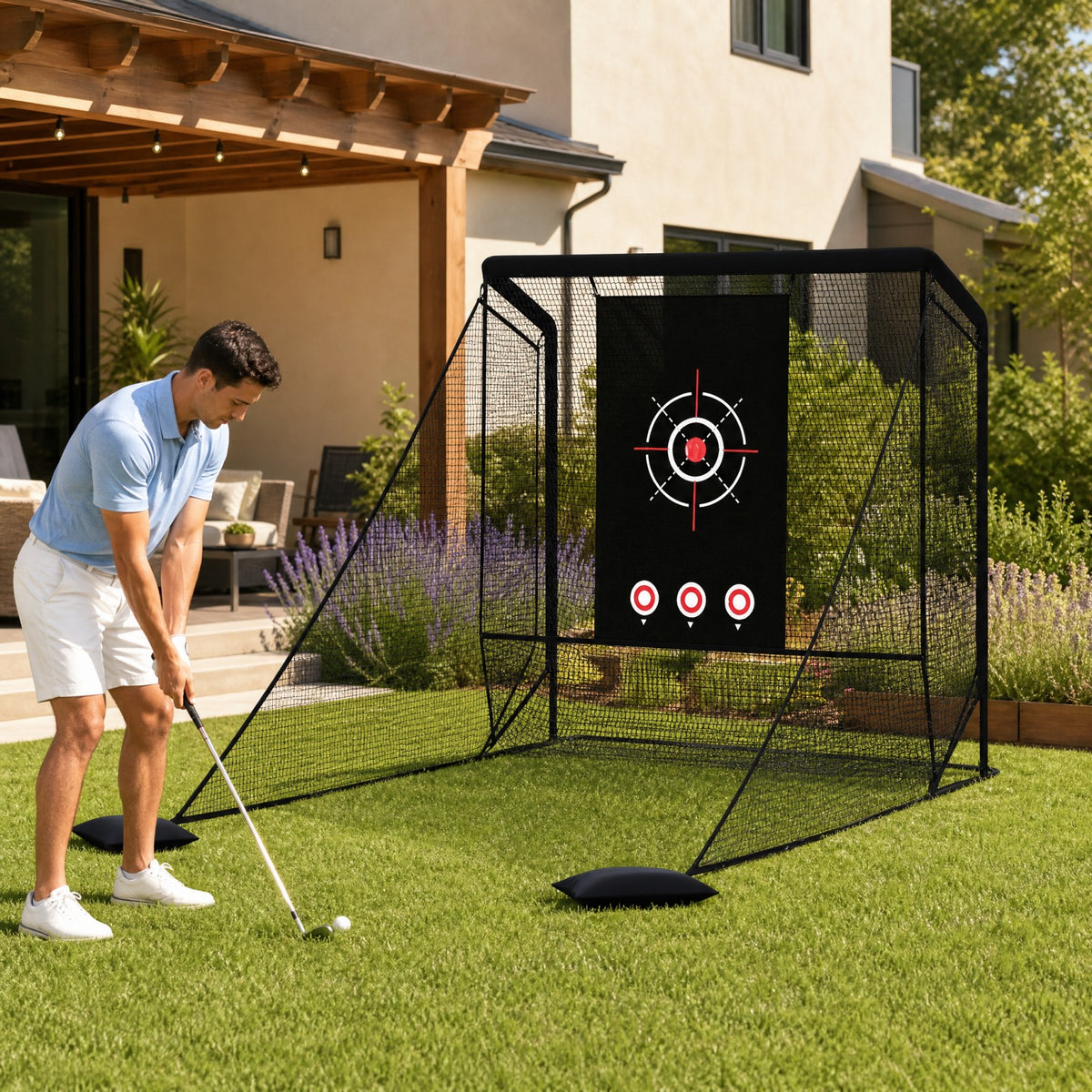 The golf practice net with side barriers and sand bags set up on a lawn with a man practising his swing