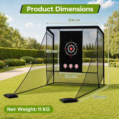 Product dimensions for the golf practice net with side barriers and sand bags, showing height and width measurements