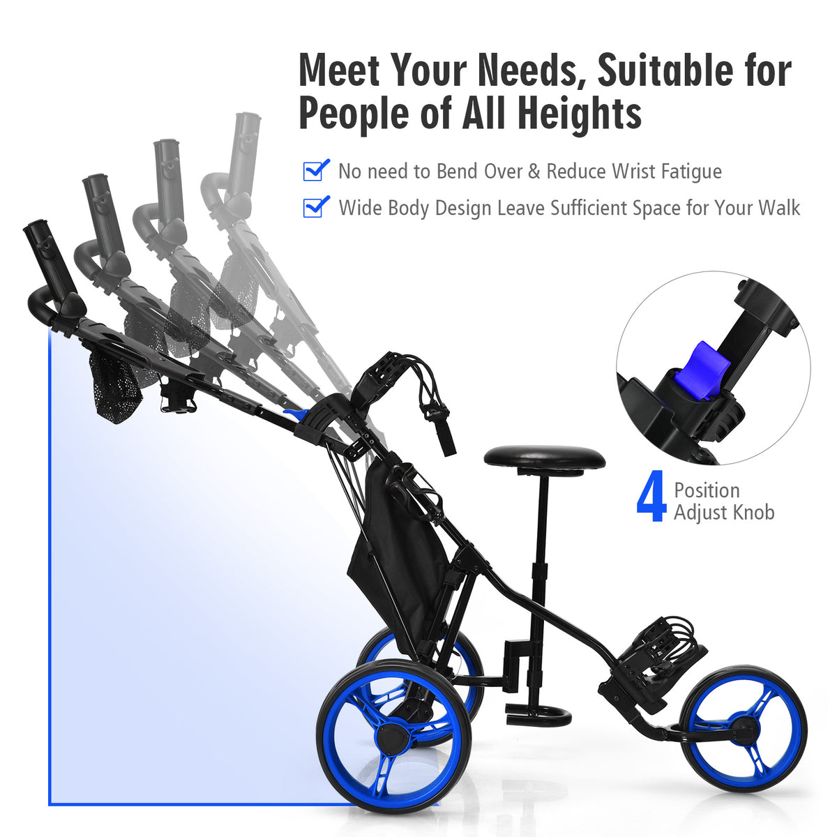 The golf trolley showing the adjustable handle positions and a locking knob