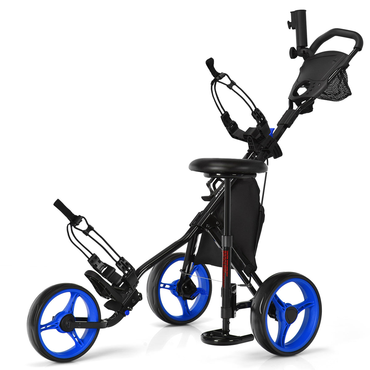 Golf Push Pull Cart with blue wheels and black frame shown from a side angle