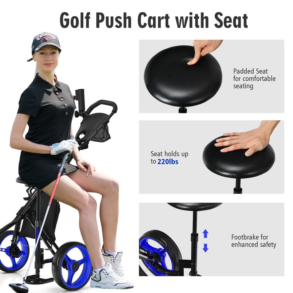The golf trolley with a person sitting on the seat and close-ups of the seat