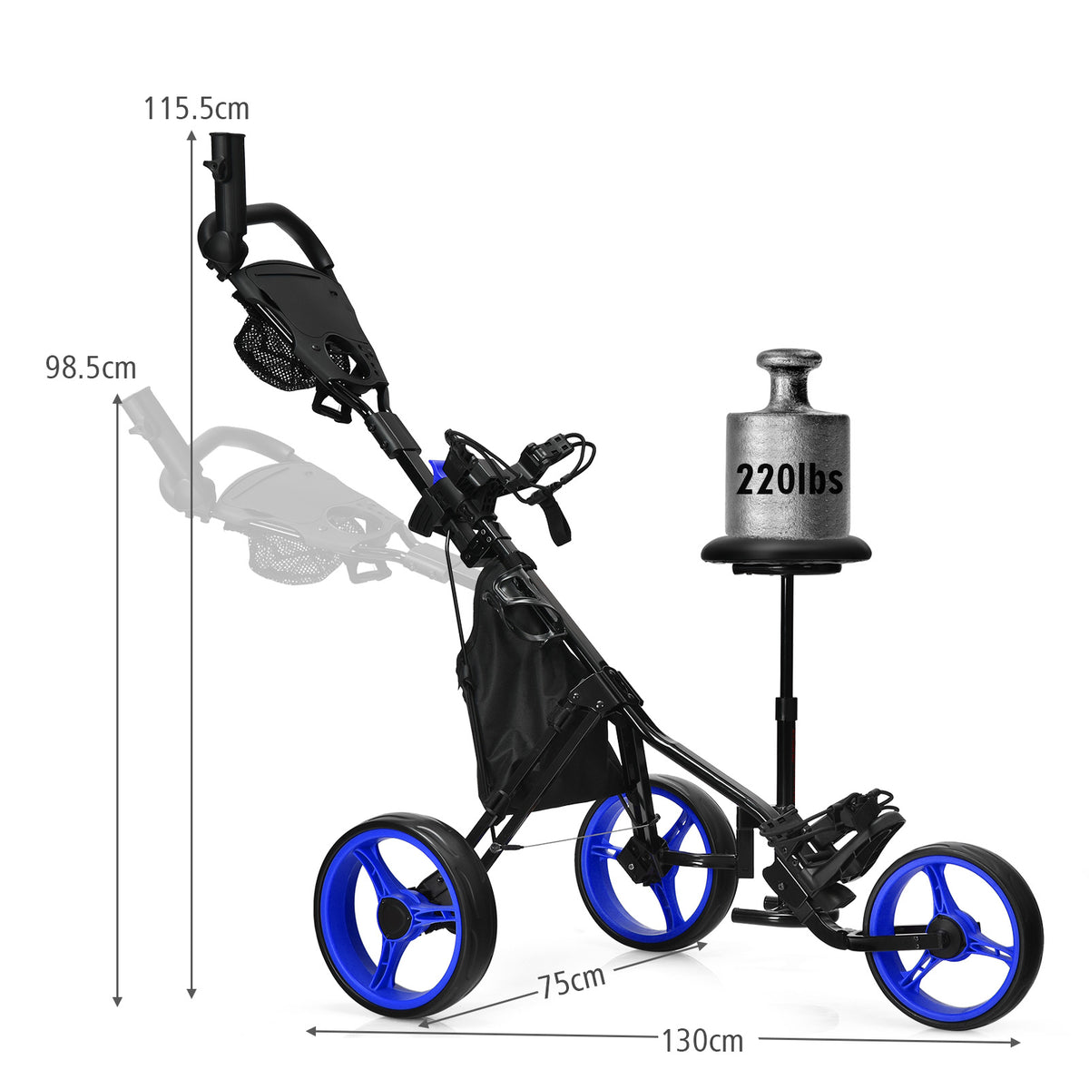 The golf trolley with a weight on the seat and dimension lines shown
