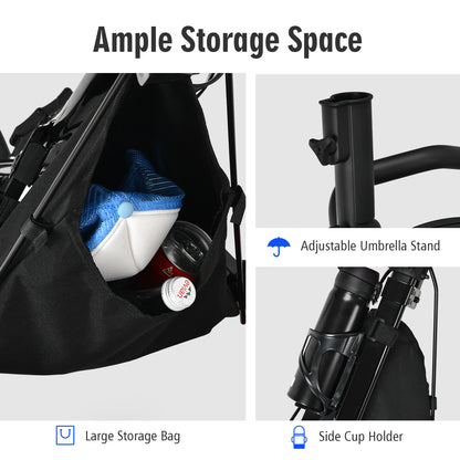 The golf trolley showing the storage bag and the umbrella and cup holders