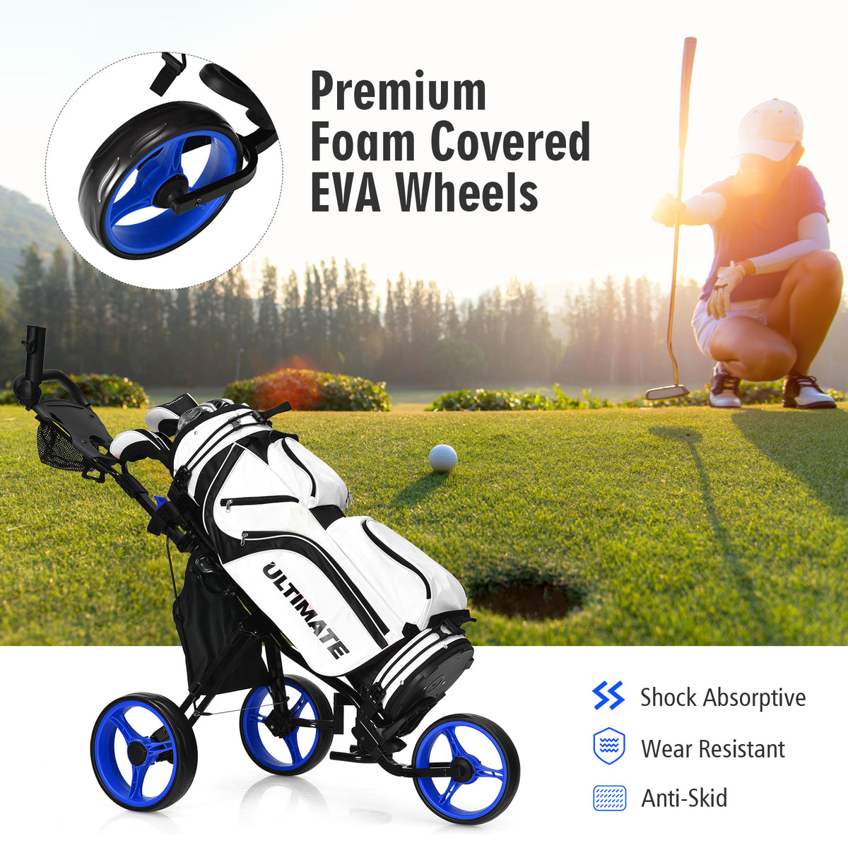 The golf trolley with a bag on a course and a close-up of the foam wheel