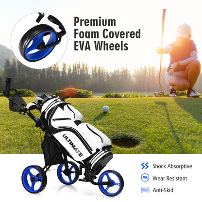 The golf trolley with a bag on a course and a close-up of the foam wheel