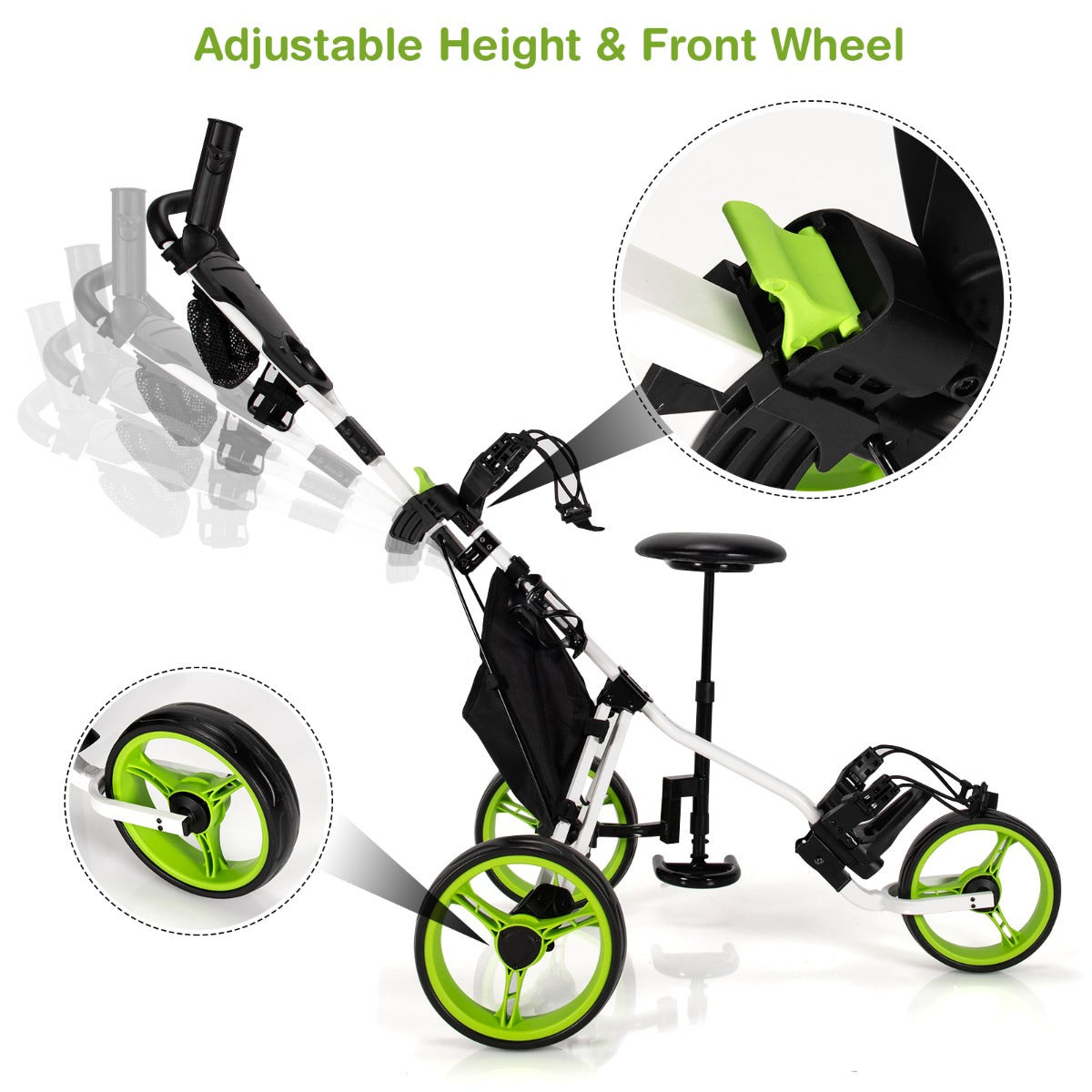 The golf trolley with adjustable height and front wheel features highlighted