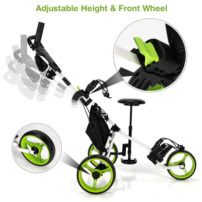 The golf trolley with adjustable height and front wheel features highlighted