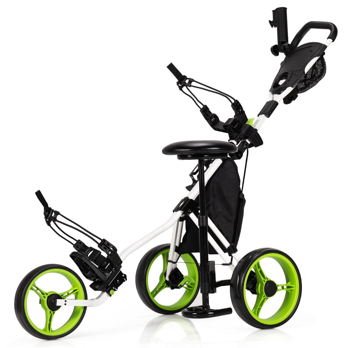 Golf Push Pull Cart with storage bag and foot brake in green, white and black