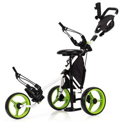 Golf Push Pull Cart with storage bag and foot brake in green, white and black