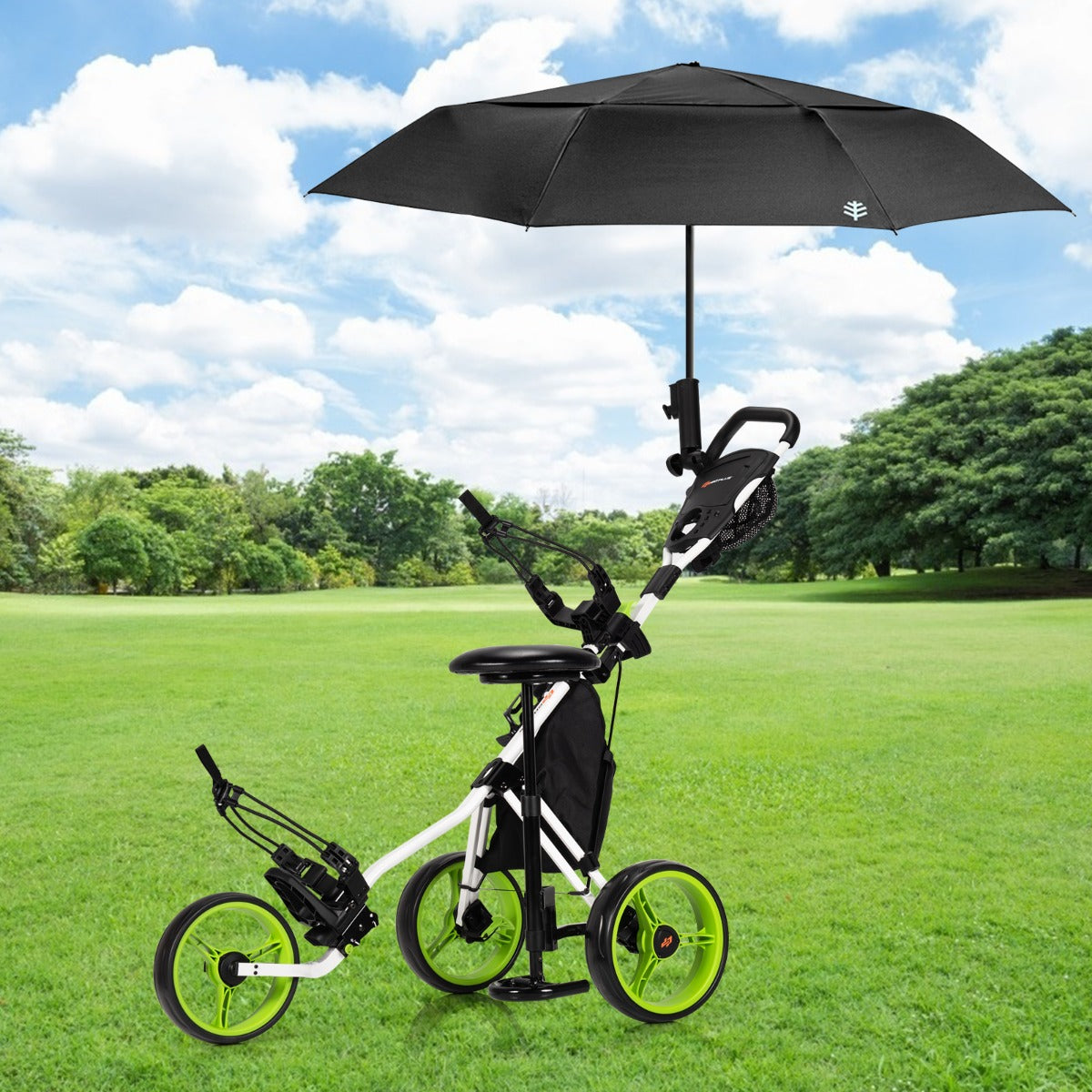 The golf cart with an umbrella attached, shown on a golf course