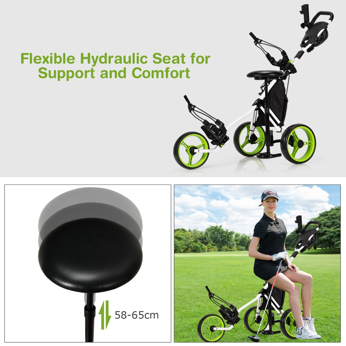 The golf trolley with a flexible hydraulic seat for support and comfort
