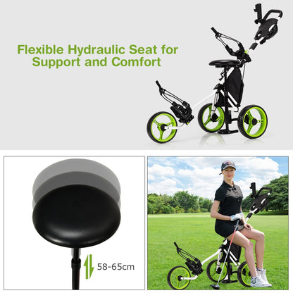 The golf trolley with a flexible hydraulic seat for support and comfort