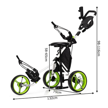 The golf trolley with dimensions indicated for height and width
