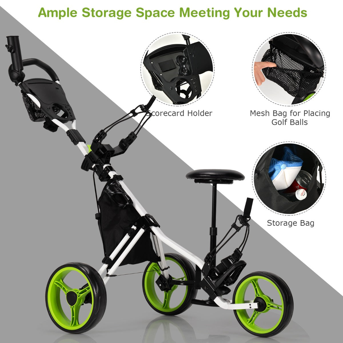 The golf trolley showing ample storage space with a scorecard holder and mesh bag